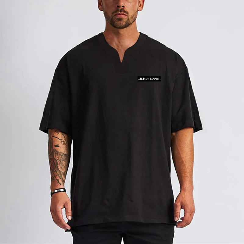 Hip Hop Style Men's Oversized T Solid Color Gym Clothing Bodybuilding Fitness Loose Sportswear V-neck T-shirt Streetwear