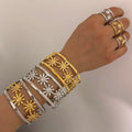 Clioro New Arrival Women's Gold Plated Stainless Steel Open Cuff Bangle Rings Fashion Flower Adjustable Wedding Gift Party