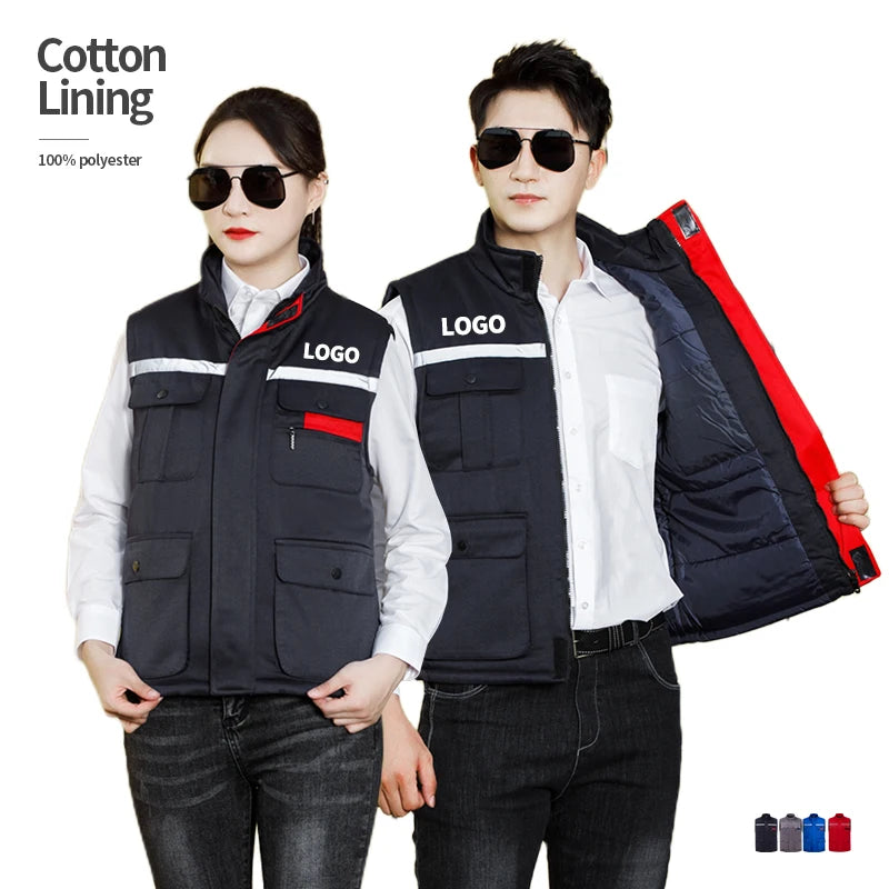 Unisex Reflective Puffer Sleeveless Jacket Winter Multi Pocket Working Vest Custom logo