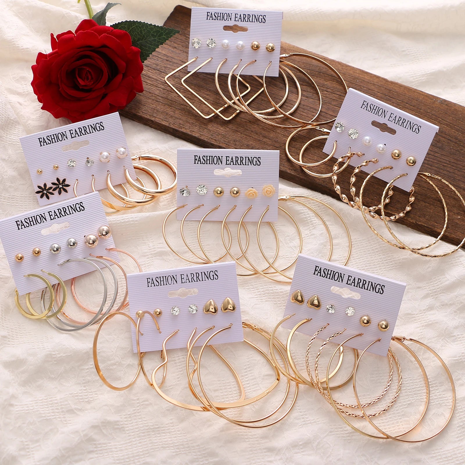 VKME Crystal Flower Earrings Gold Large circle Hoop Earrings Set Women Jewelry