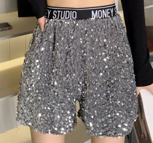 One Size Sequin Wide Leg Pants Spring and Autumn Fashion Trend Loose Elastic Waist Shorts