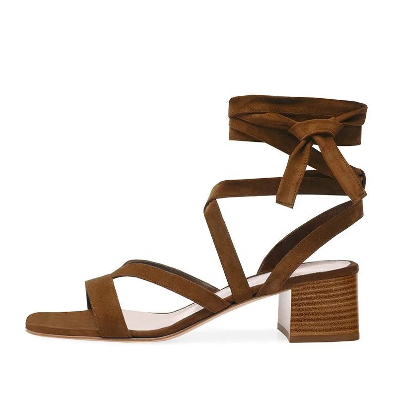 2020 Tailingjia Brown Strappy High Chunky Heels for Women Open Toe Stiletto Sandal Summer Ankle Wrapped Shoes Large Size