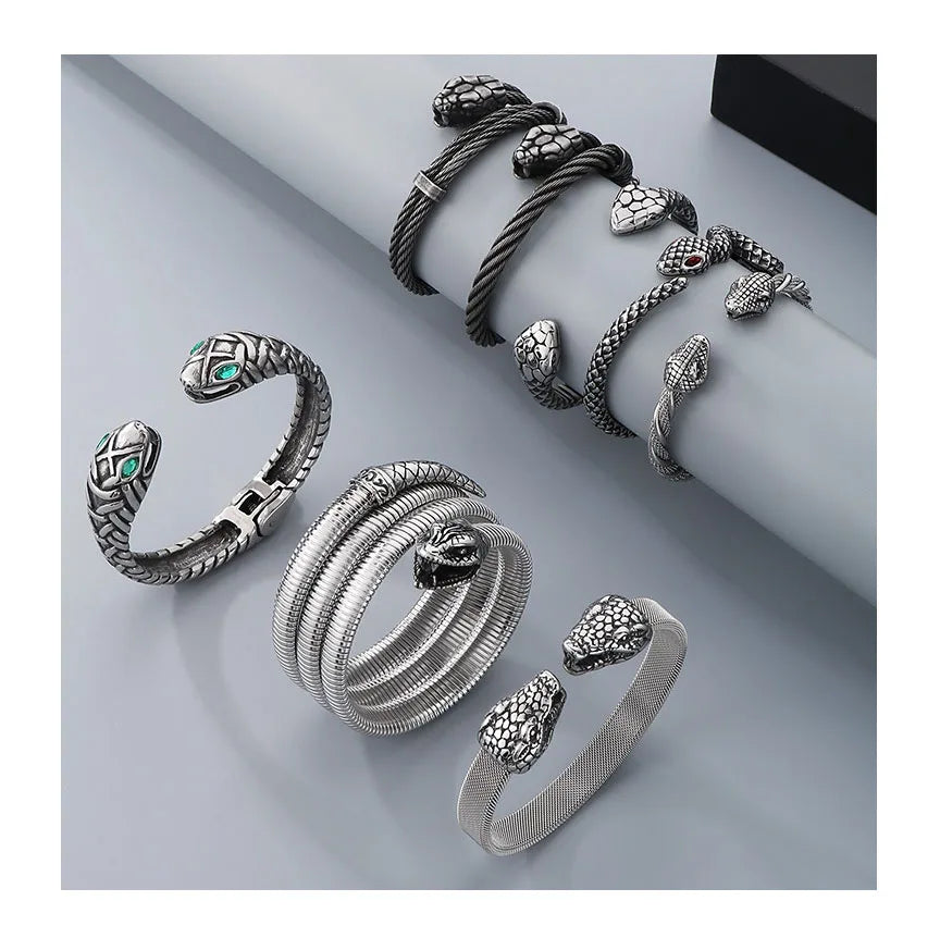 Creative Viking Souvenir Hip Hop Stainless Steel Opening Cuff Bangle Norse Myth Custom Exaggerated Snake Bracelet Male Jewelry