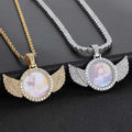 NUOYA Hip Hop Custom Photo Angel Wing Pendants Bling CZ Diamond Memorial Picture Frames Projection Pendant Jewelry for Gifts