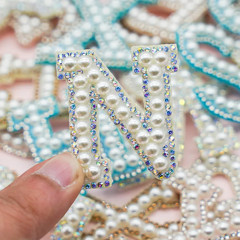 New 4.5cm A-Z Alphabet Self-ahesive Rhinestone Pearl Letter Patch Applique for Bag Cap Clothes
