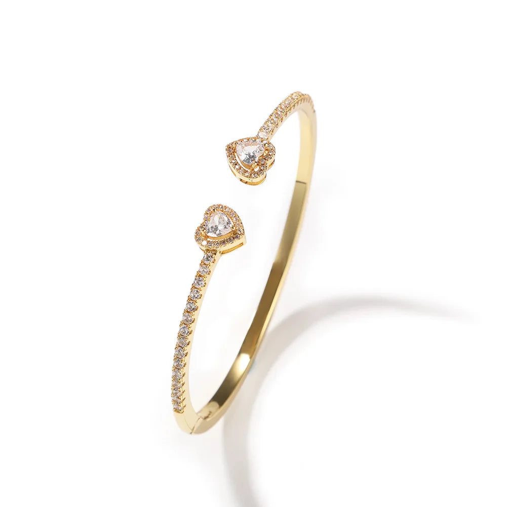 2022 Hot New Fashion for Women Adjustable Crystal Diamond Bangle Double Heart Bow Cuff Opening Bracelet Fashion Cuff Bracelets