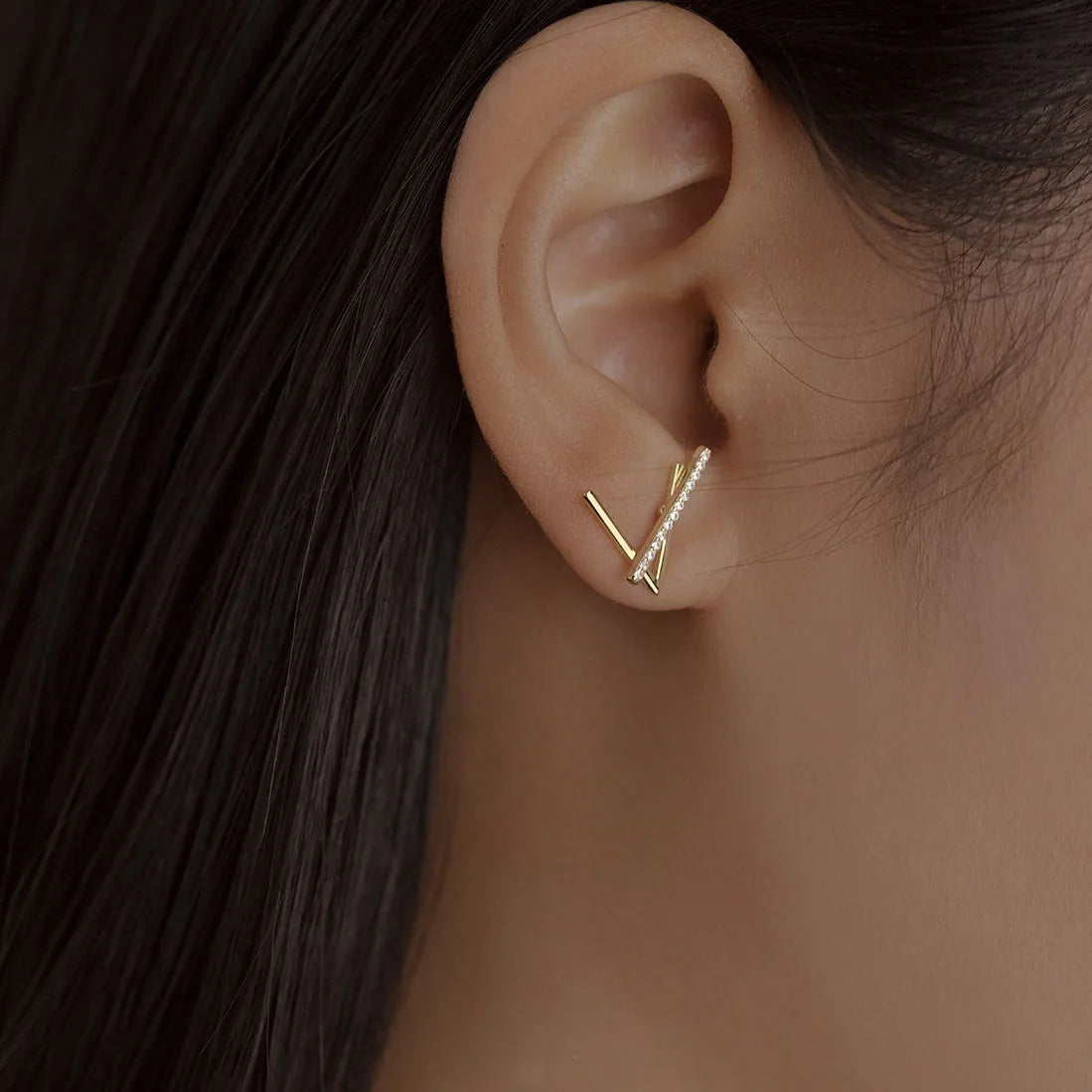 Luxury Fashion INS 18K Gold Plated Minimalist Geometric Line Stud Earrings Pure 925 Sterling Silver Zircon Gift for Women Girls
