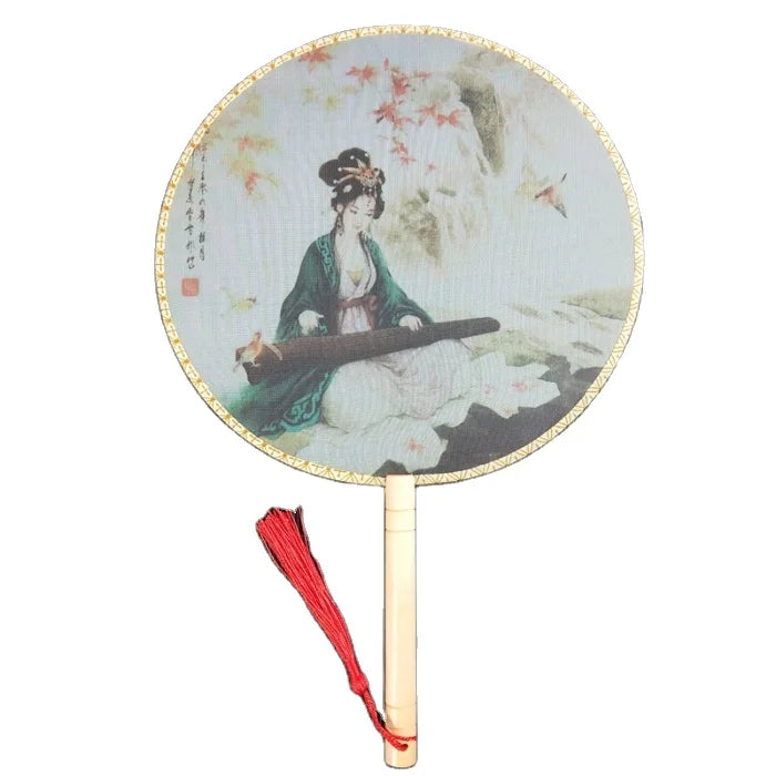 Chinese Ancient Style Circular Translucent Printed Flower Hand Fan Crafted Bamboo Hand Painted Technique Accessories Included