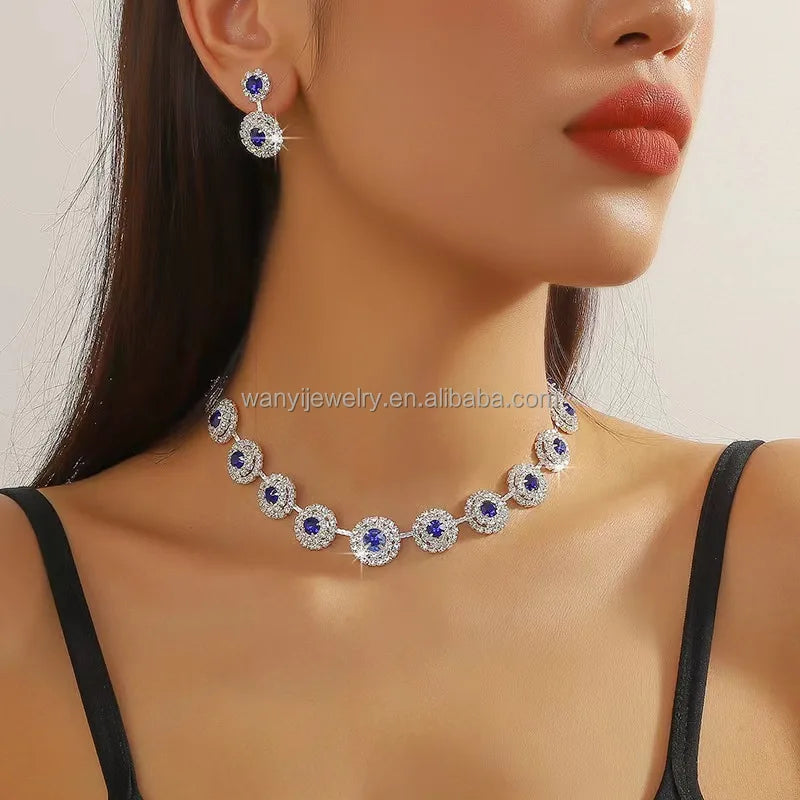 Round Rhinestones for Luxurious Party Gowns Necklace Earring Jewelry Set Women's Accessories