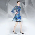 Summer New European Station Brand Women's Long Sleeved Ruched Chiffon Natural Waist Bohemian Flapping Neck Retro Floral Printed