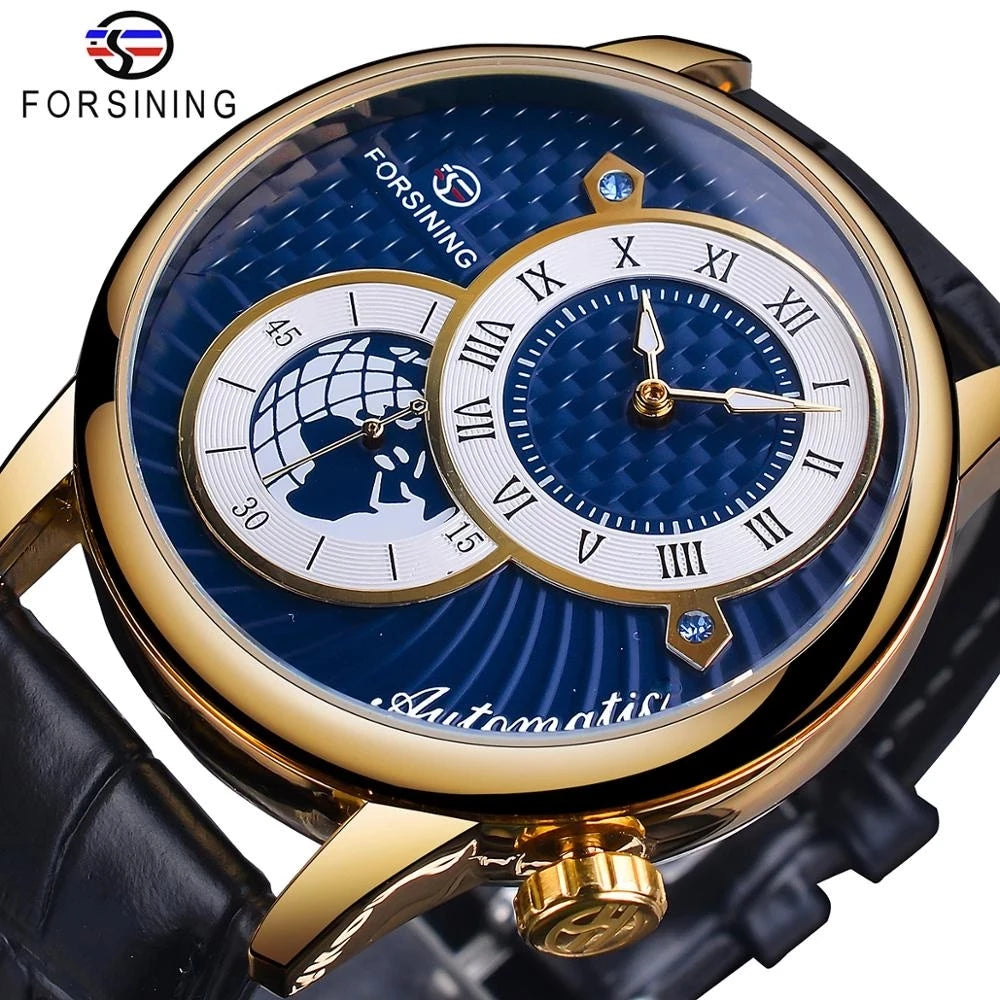 Forsining 2022 Blue Dial Men Automatic Watch Waterproof Genuine Leather Band Luminous Hand Mechanical Clock Sport Wristwatch