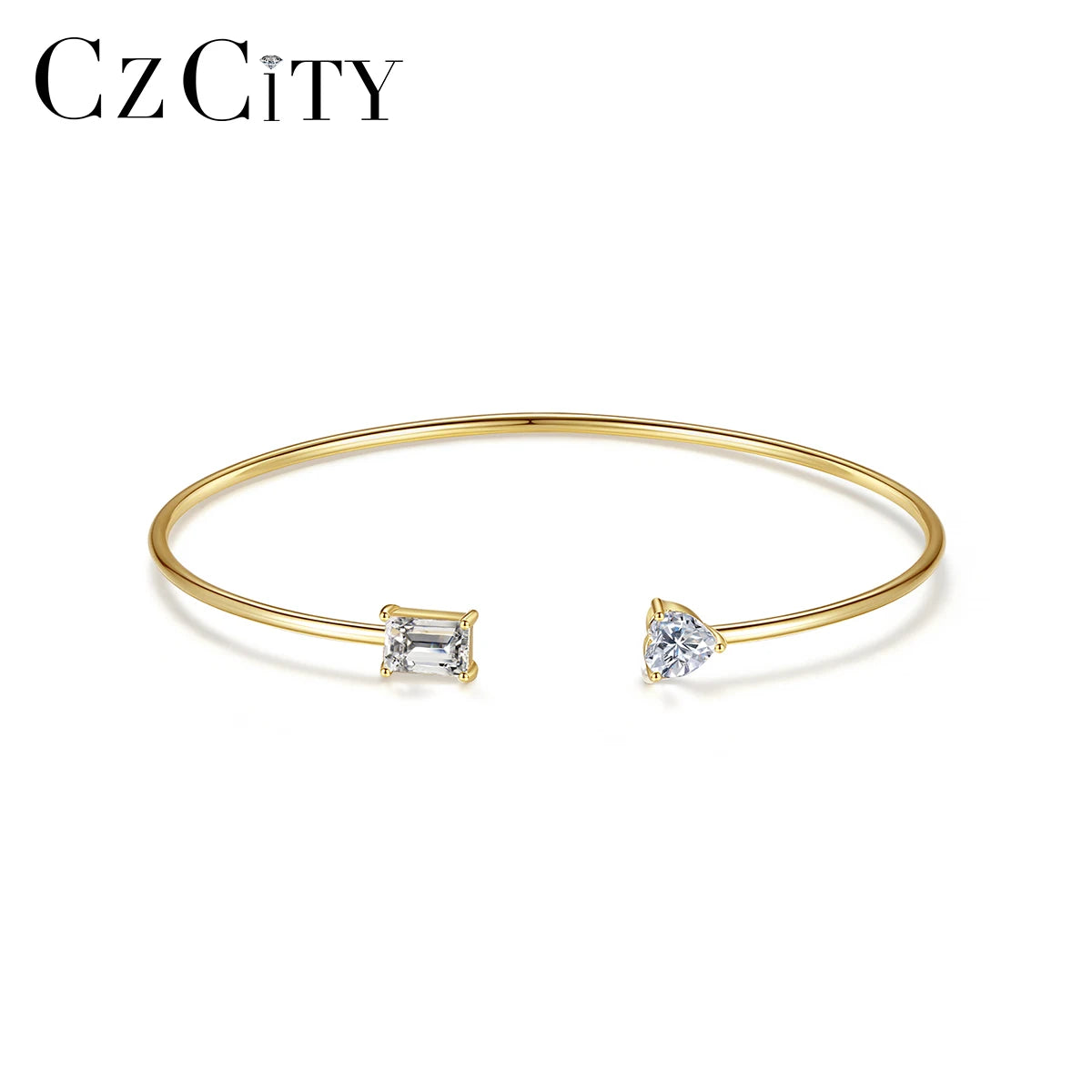 CZCITY 14k Real Gold Plated S925 Sterling Sliver Cubic Zircon Gemstone Women's Resizable Bangle