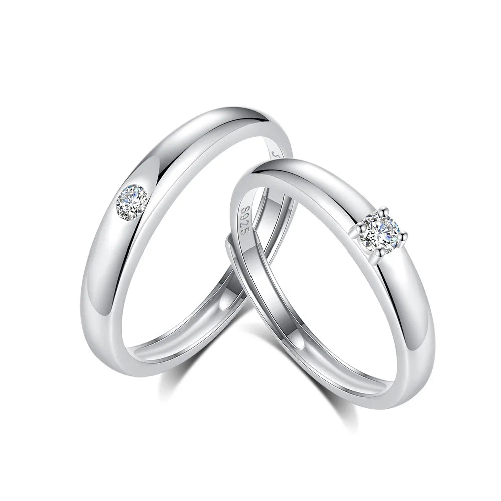 Original Simple Wedding Engagement Single Diamond Couple Ring 925 Sterling Silver Men Women Free Size Resizable Ring Set