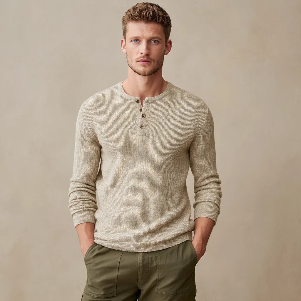 Men's Textured Linen-Blend Henley Casual Sweater Lightweight Summer Knit