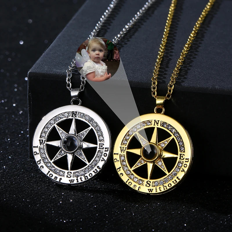 Custom Photo Projection Necklace Personalized Octagonal Compass Round Custom Pendant Necklace Women Men Valentine's Day Gift