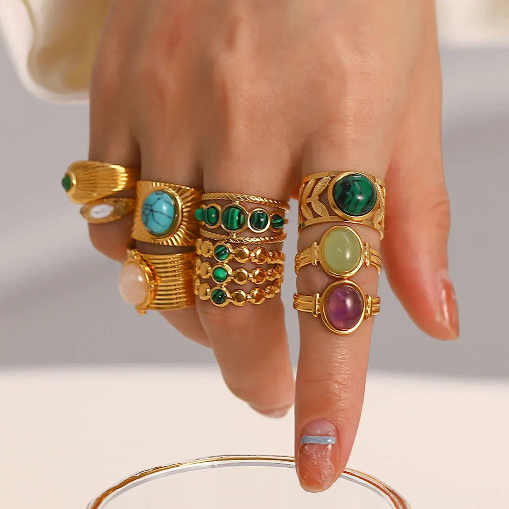 Latest Fine Jewelry Stainless Steel 18K Gold Gemstone Natural Stone Adjustable Ring for Woman Wedding Ring