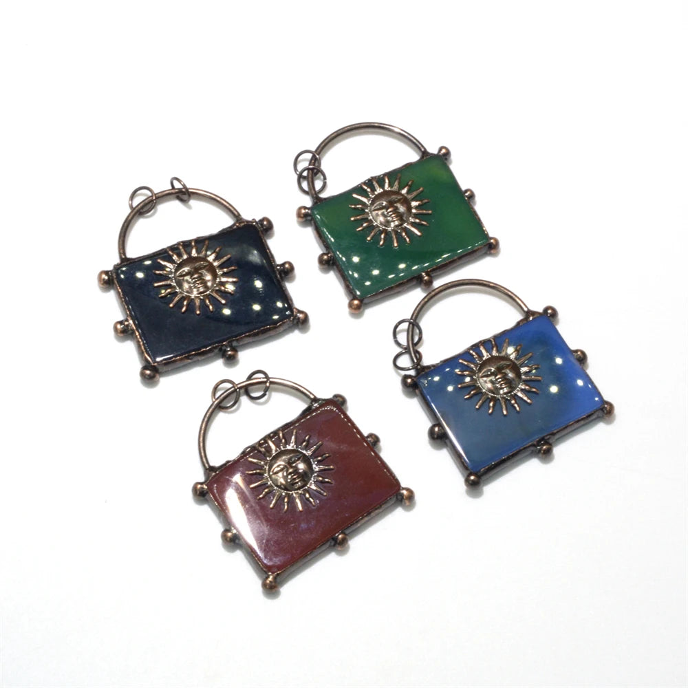 New Arrivals Factory Antique Copper Sun Pattern Blue Black Red Green Agate Pendant DIY Natural Quartz Pendant for Men Necklace