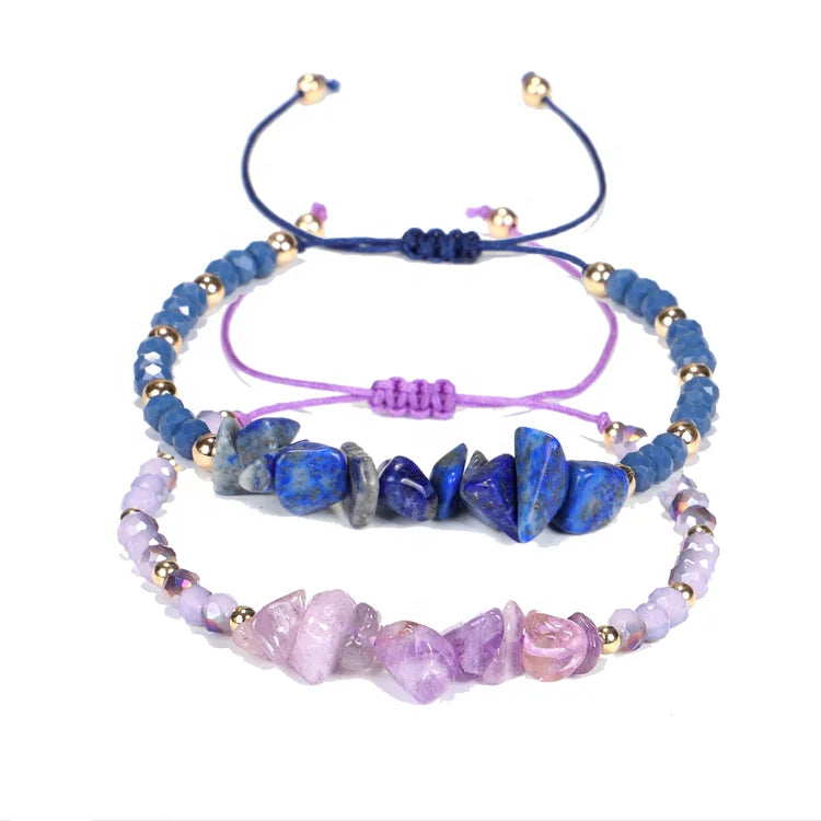 New Fashion Jewelry Precious Birthstone Amethyst Lapis Lazuil Chips Bracelets Tiny Gemstone Beads Braided Bracelet