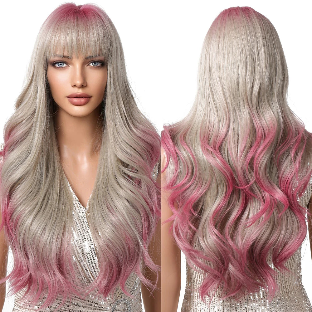 Factory Wholesale Price Ombre Pink Wave Synthetic Wig Long Blonde Pink Wig with Bangs for Daily Cosplay Use Heat Resistant Fiber