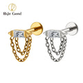 ASTM F136 Titanium 16G Baguette CZ Bar Double Chain Tassel Stud Earring Cartilage Helix Flat Back Piercing