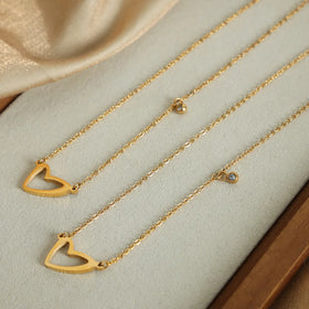 Chic Style Hollowed Out Asymmetrical Heart Pendant Necklace Cubic Zirconia Stainless Steel Gold Plated Choker Necklace Colliers