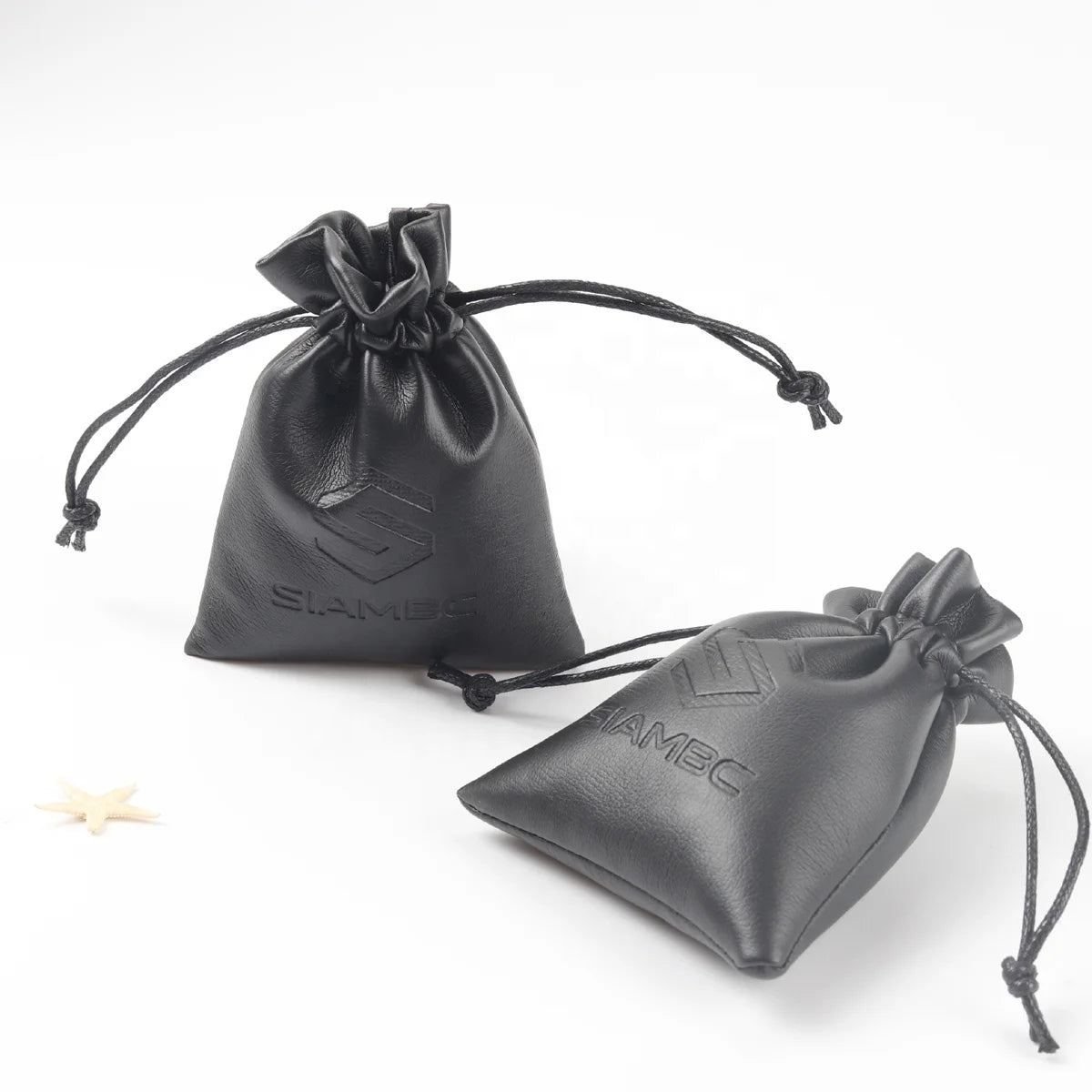 Custom Emboss Logo Black Faux Leather Pouch Pu Leather Jewelry Gift Pouch Bag