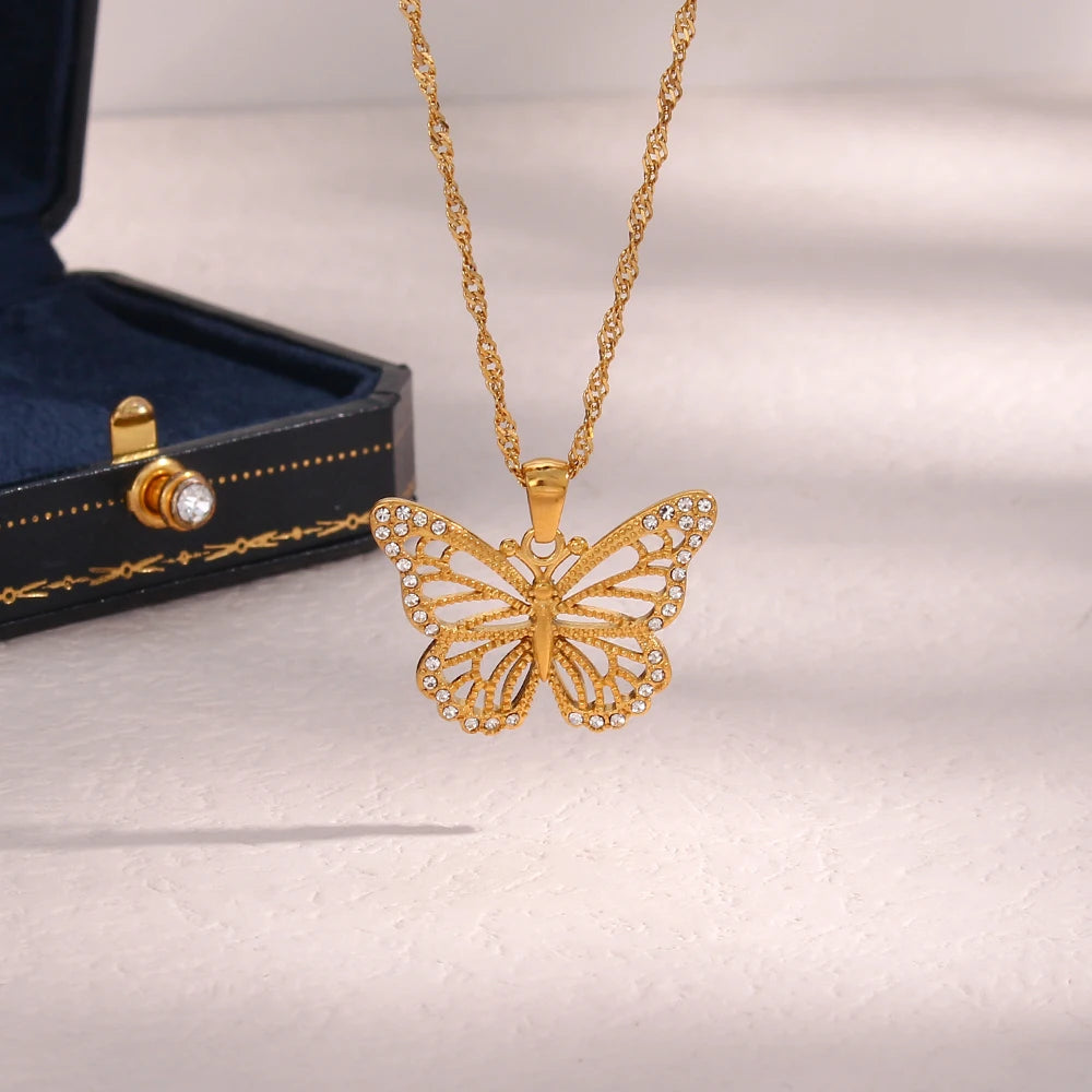 Waterproof 18K Gold Plated Jewelry Stainless Steel Crystal Cubic Zirconia Hollow Butterfly Pendant Necklace for Women