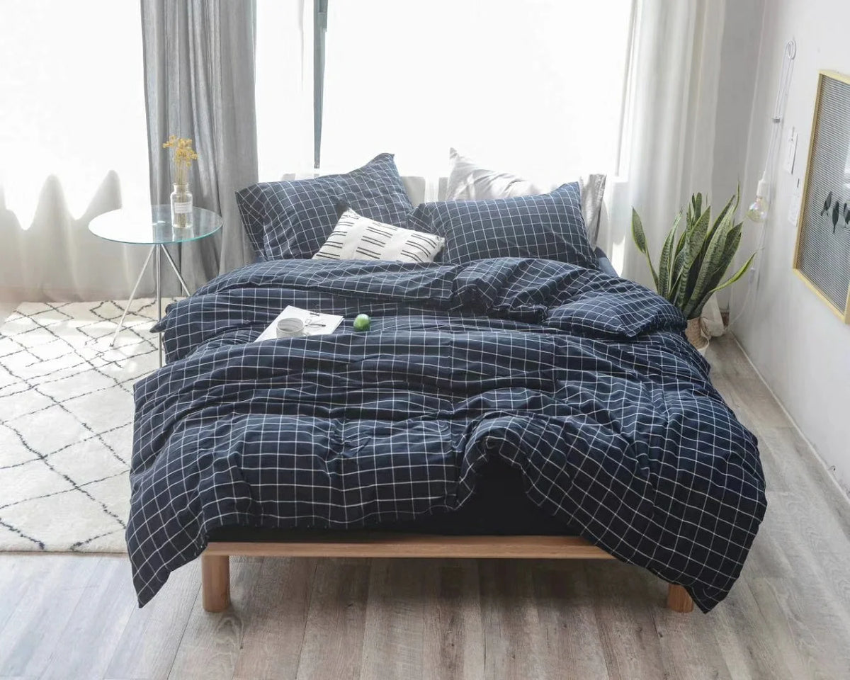 Luxury Navy 100% Organic Washed Cotton Bedding Set Quilt Comforter Cover Set Yarn Dye Cotton Stripe Check Sheet Set Pillow case