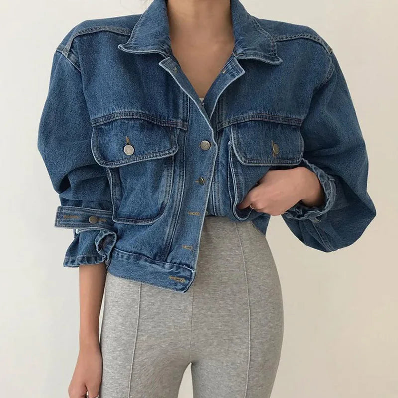 Boutique Wholesale 2025 Spring New Versatile Lapel Loose Washed Bubble Sleeves Short Denim Women's Jacket