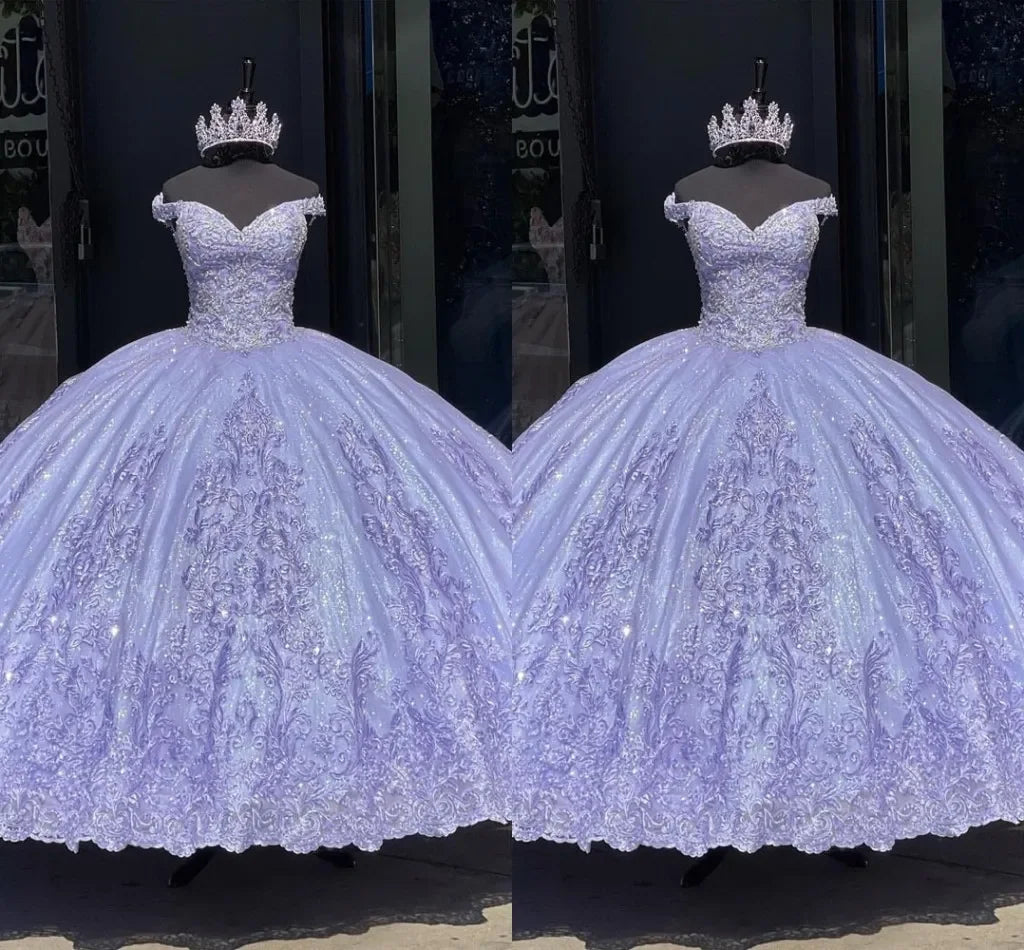 2026 Lilac Bling Quinceanera Dresses Off the Shoulder Embroidered Appliqued Beaded Princess Ball Gown Sweet 16 Dress MQ413