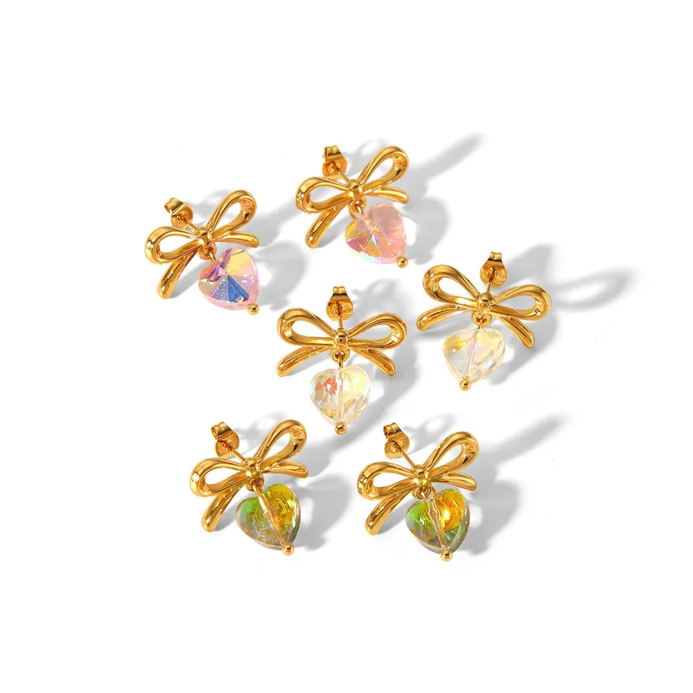 Bow Heart pink Diamond Titanium Steel Stud Earrings 18k Gold Non-fading Stainless Steel Earrings for Women