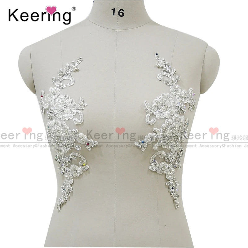 Keering Rhinestone Applique Lace Flower Applique Patch for Wedding WDP-305
