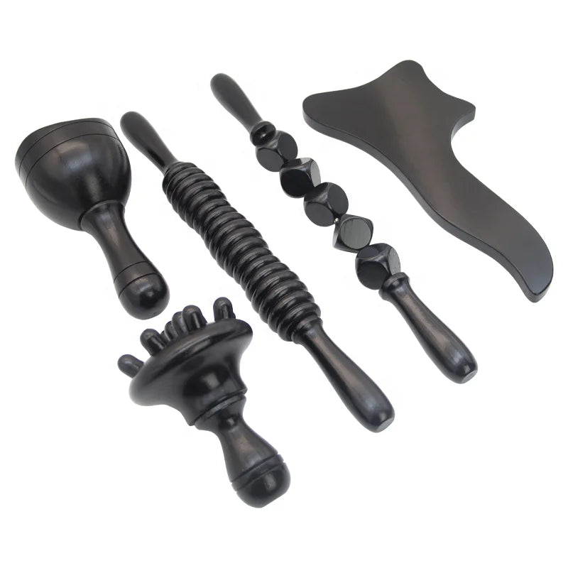 Maderotherapy Anti Cellulite Massage Set Wooden Roller Lymphatic Drainage Tool - 5 in 1 Black Maderotherapy Kit