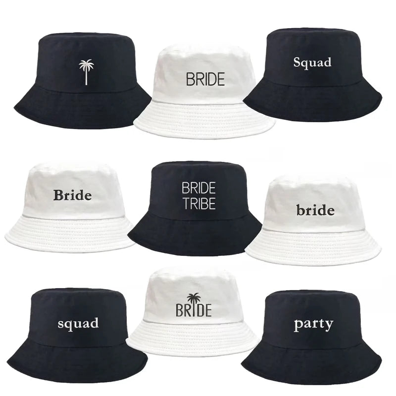 Custom Embroidered Bride Bachelorette Squad Black White Bucket Hat Fashion Fishermen Cap for Travel Sun Hat