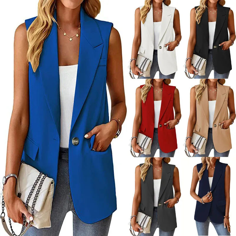 RNSHANGER Elegant Women Blazer Vest Fashion Sleeveless Solid Color Single Button Clothing Coat Streetwear Sleeveless Suit Vest