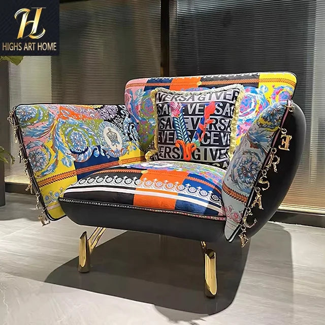 Italian Modernist Design Printed Fabric Leather Back Living Room Chair Sofa Lounge Villa Luxury Single Sofa