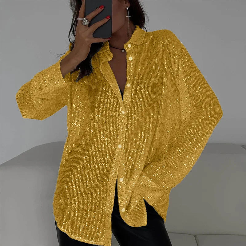 New Fashion Sequin Loose Long Sleeve Holiday Party Womens Shirt Shimmering Blouse
