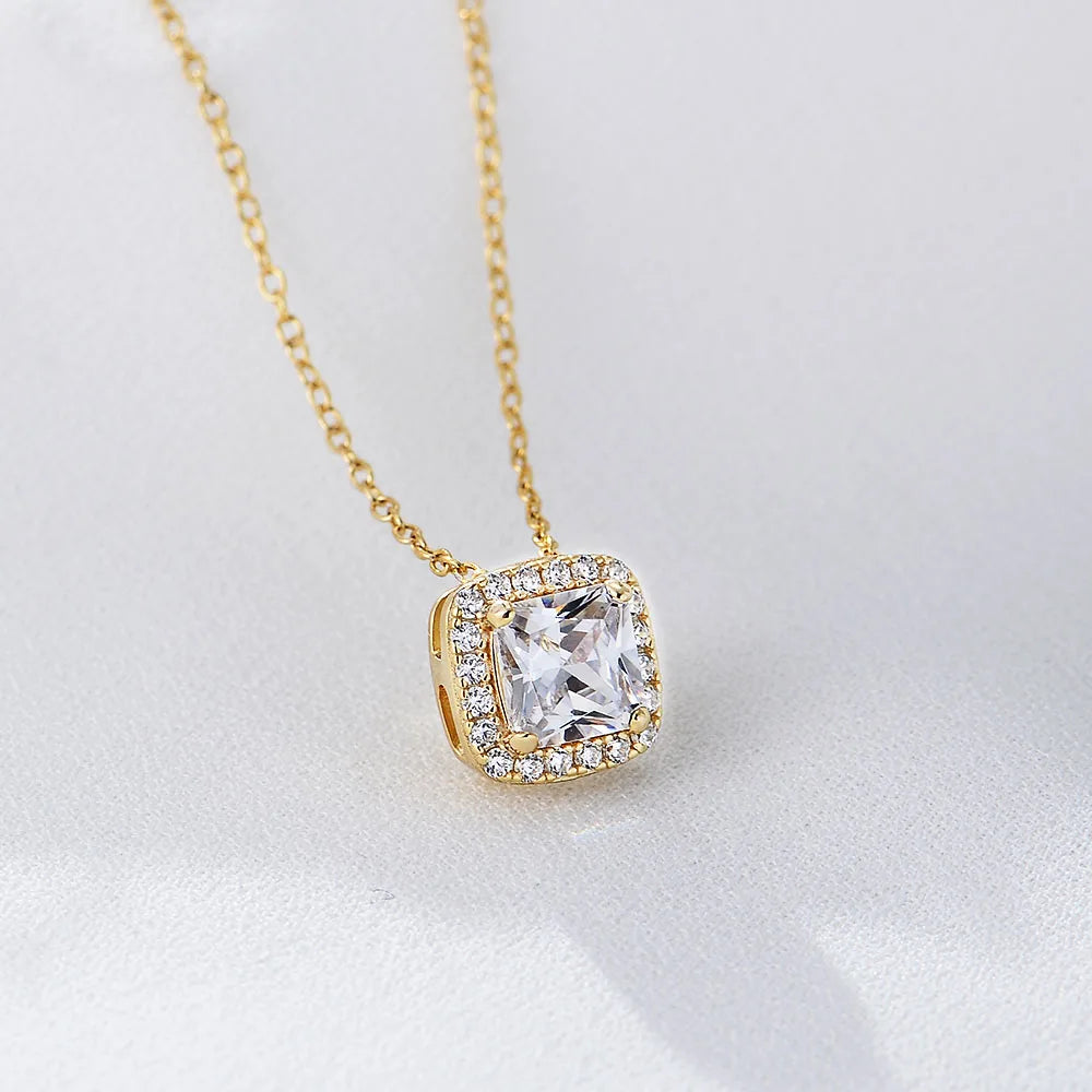 Classic Fashion Fine Wedding Jewelry 925 Sterling Silver Geometric Square Gold Plated Zircon Diamond Pendant Necklace for Women