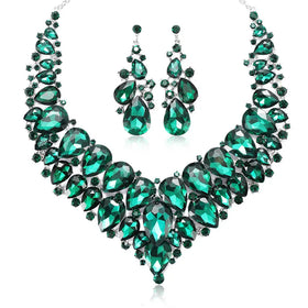 Women's Rhinestone Necklace Ring Set Crystal Elegant Bridal Wedding Floral Vine Teardrop Necklace Earrings Set