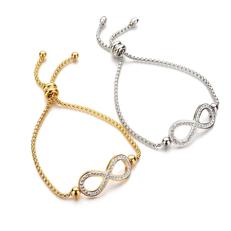 Women Stainless Steel Infinity Jewelry Bracelet Bow Micro Pave Zircon Cubic Zirconia Adjustable Bracelet for Daily Wear