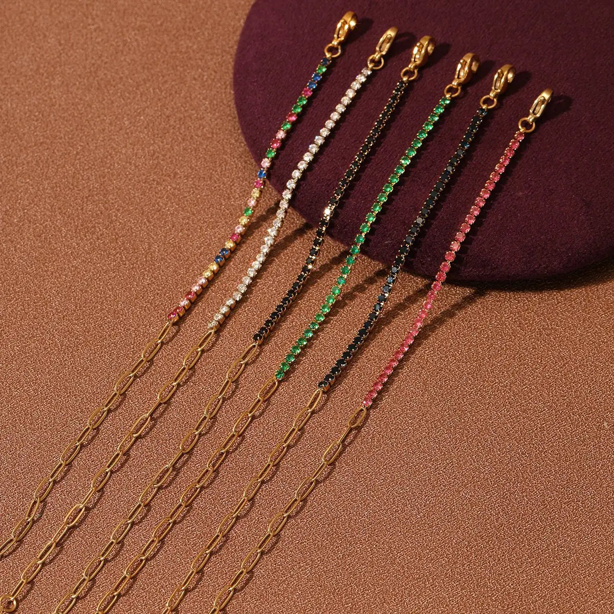 Stainless Steel Colorful Gold Half Tennis Half Paper Clip Bracelet Cz Tennis Diamond Stacking Adjustable Bracelet