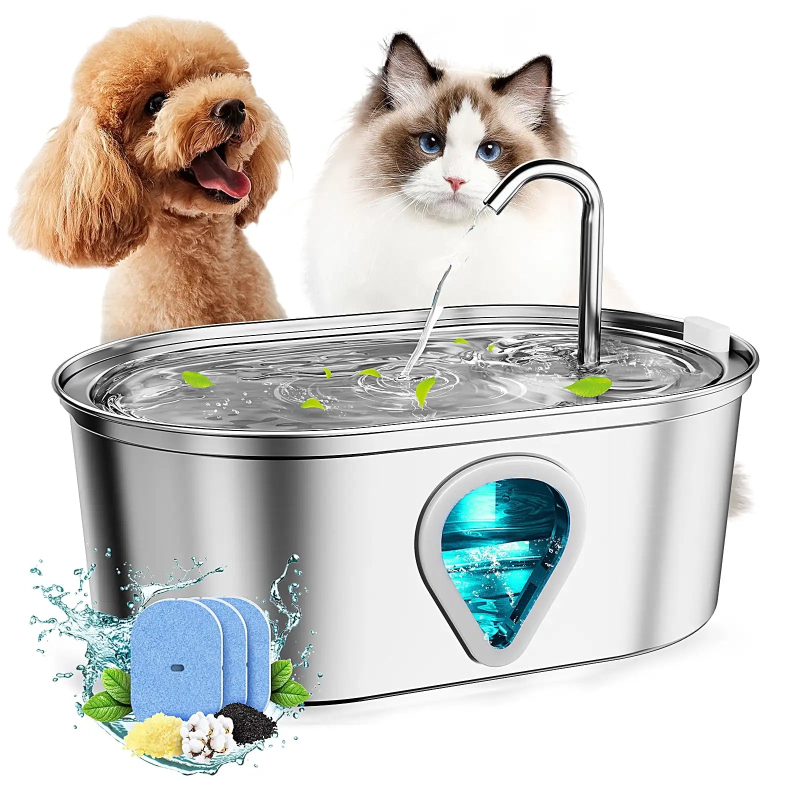 3.5L Stainless Steel Automatic Cat Water Fountain with Water Level Window Dog Dispenser Water Fountain for Cat