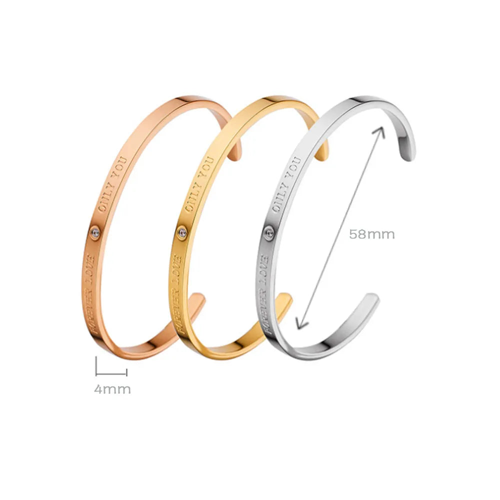 Wholesale Stainless Steel 4mm Wide Forever love Only You Engraving Women Cuff Bangle Bracelet China Manufacturer Supplier