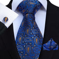 Business Men's Suit Tie Navy Blue Gold Yellow Necktie Set With Pocket Square Silk Floral Tie and Hanky Cufflinks for Men Wedding
