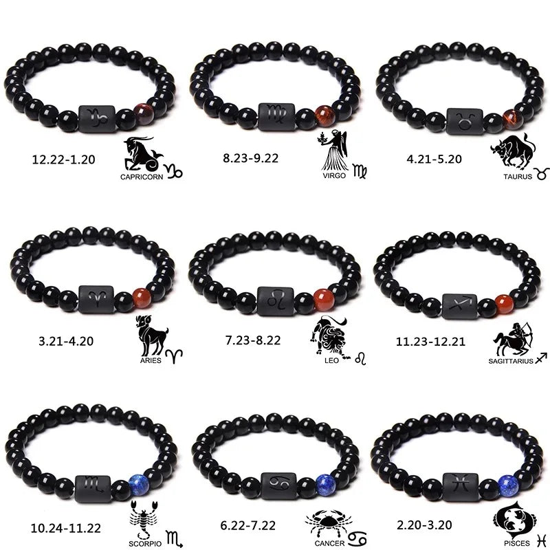12 Signs Bracelet Natural Stone 8mm Tiger Eye Stone Beads Elastic Lucky Gemstone Bracelet for Men Women Birthday Gift