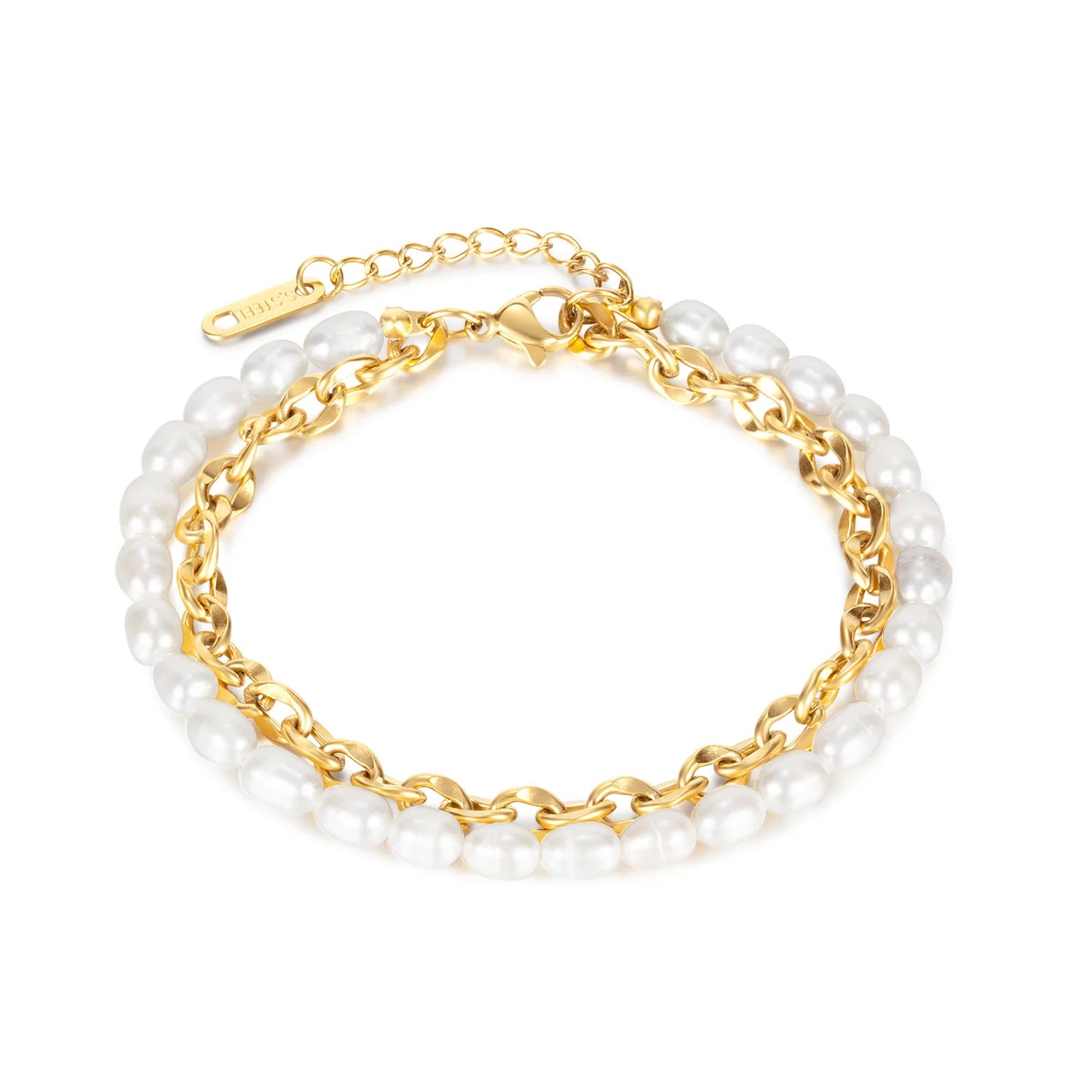 Women's Double Layer Bracelet 18K Gold Plated Chain Baroque Pearl Bracelet