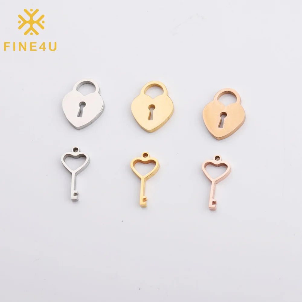 Wholesale Stainless Steel Diy Necklace Bracelet Jewelry Making Gold Plated Heart Lock and Key Pendant