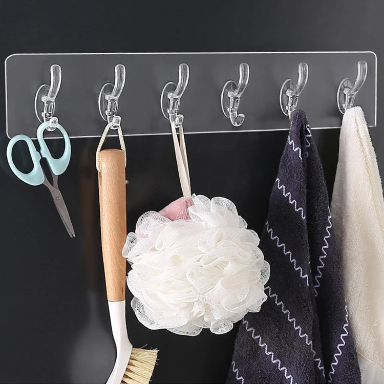 Transparent Household Six-In-Row Wall Mounted Plastic Sticky Hooks Non-Punching Trackless Wall Hook for Kitchen for Organization