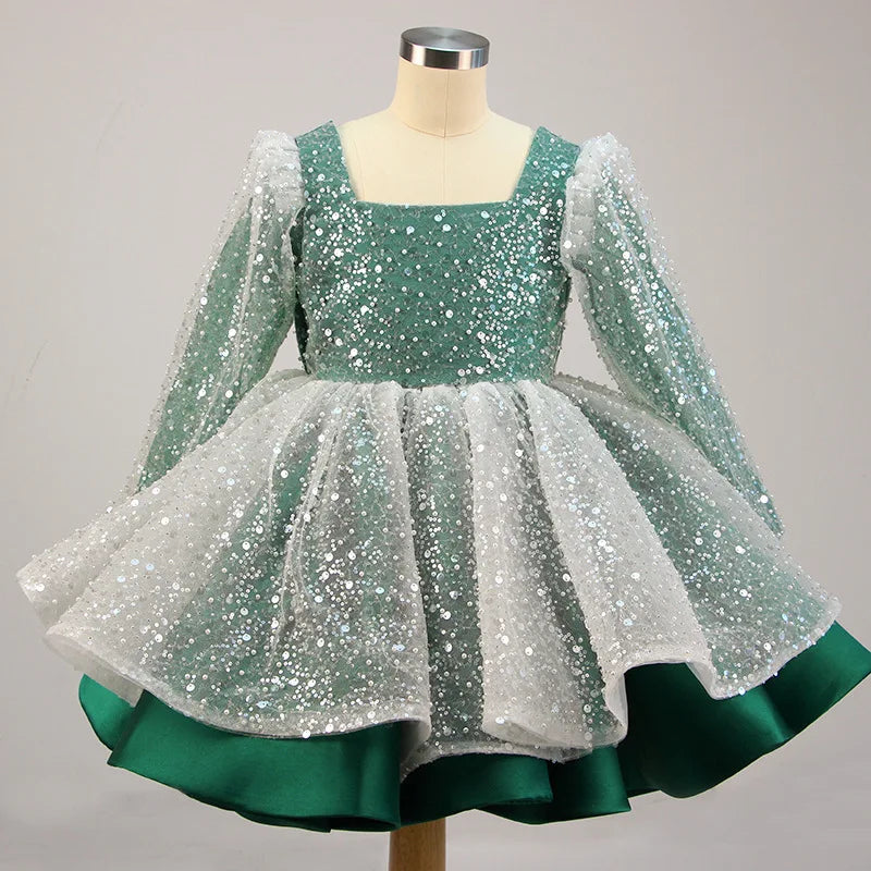 Long-Sleeved Sequin Birthday Party Gown Shiny Evening Dress for Kids Girls 2 to 14 Years Old