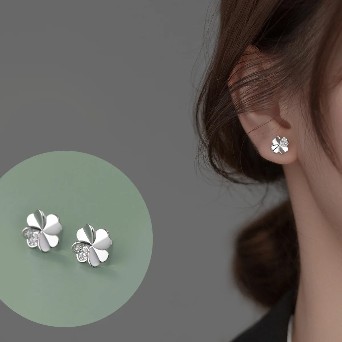New Design S925 Sterling Silver CZ Pave Clover Flower Stud Earrings for Women M01884